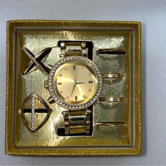 GOLD WATCH RING SET GIFT BOX MIDI RINGS BEAUTIFUL Women's Present Mother WIFE - Picture 3 of 9